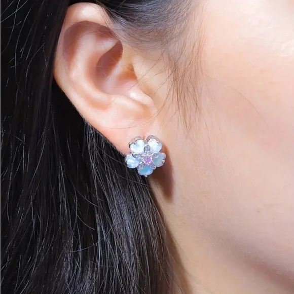 Blue Opal Flower Stud Earrings - Picture 3 of 4